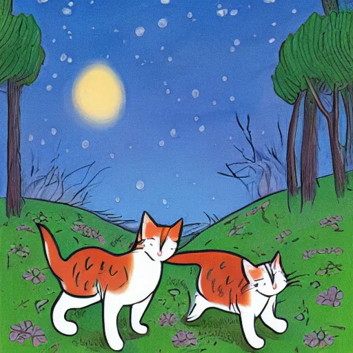 Image similar to two calico cats walking together outside on a beautiful day, cute storybook illustration