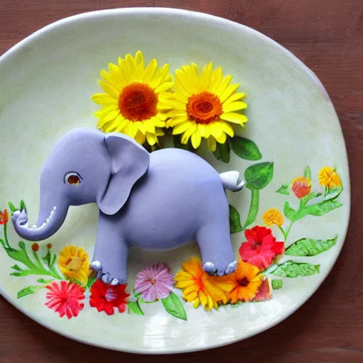 Image similar to a flat elefant on a plate with flowers on top