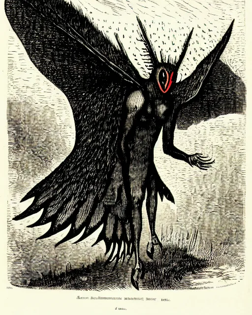 Image similar to illustration of mothman from the dictionarre infernal, etching by louis le breton, 1 8 6 9, 1 2 0 0 dpi scan
