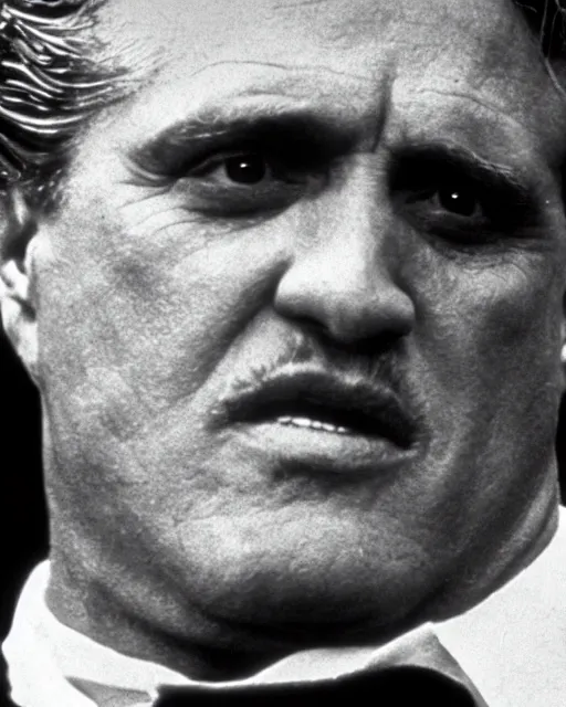 Image similar to film still close up shot of gary busey as vito corleone from the movie the godfather. photographic, photography