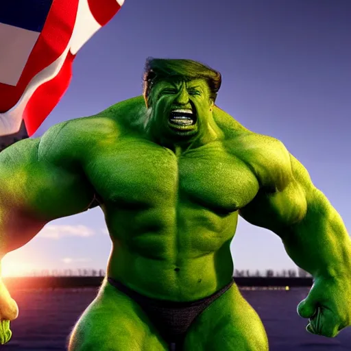 Image similar to Donald Trump with The Incredible Hulks body, realistic artstyle, wide shot, dramatic lighting, octane render, hyperrealistic, high quality, highly detailed, HD, beautiful, cinematic, 8k, unreal engine, facial accuracy, symmetrical