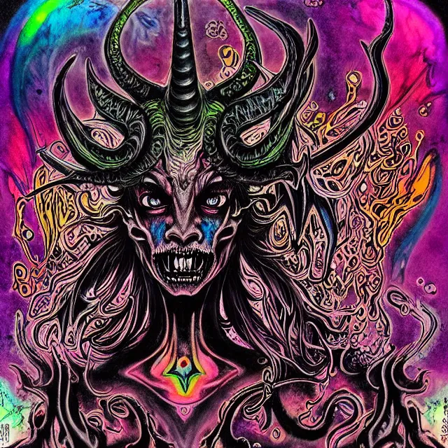 Prompt: fine detail, black ink & copic markers, vibrant muted colors, disturbing grunge still of a [ lovecraftian demon infested ] [ baphomet ], [ mystic, shamanic and psychedelic lsd trippy dreamy art ], by arthur adams, by tom bagshaw, by henry asencio, by kikuchi hideyuki
