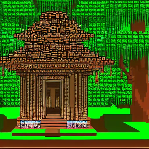 Prompt: temple hidden within the forest ancient magic, pixel art