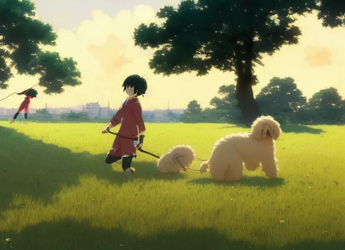 Prompt: japan 1 9 2 0's, young adult playfully chased by his goldendoodle dog on a green meadow, golden hour, finely detailed perfect art, gapmoe yandere grimdark, trending on pixiv fanbox, painted by greg rutkowski makoto shinkai takashi takeuchi studio ghibli