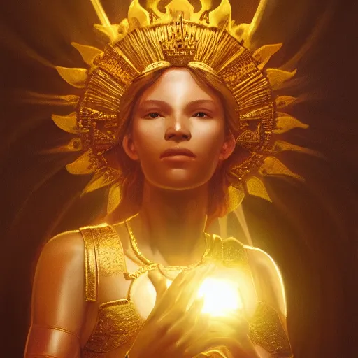 Image similar to a beautiful portrait of a sun goddess with a golden crown, sunlight beams, god rays, volumetric lighting, detailed, greg rutkowski, 8 k