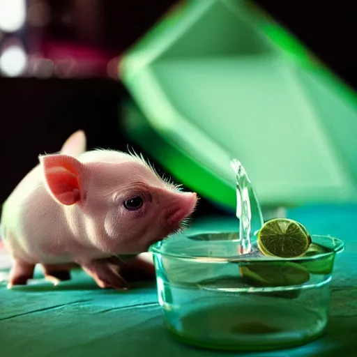 Prompt: teacup pig eating lime jello, award-winning photography