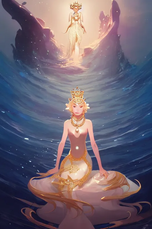 Image similar to portrait of a beautiful queen of the ocean with pearl and gold and crystal jewelry in complex and shiny dress made by jellyfish, by ross tran and atey ghailan, by greg rutkowski, by greg tocchini, by james gilleard, by joe fenton, by kaethe butcher, dynamic lighting, grunge aesthetic