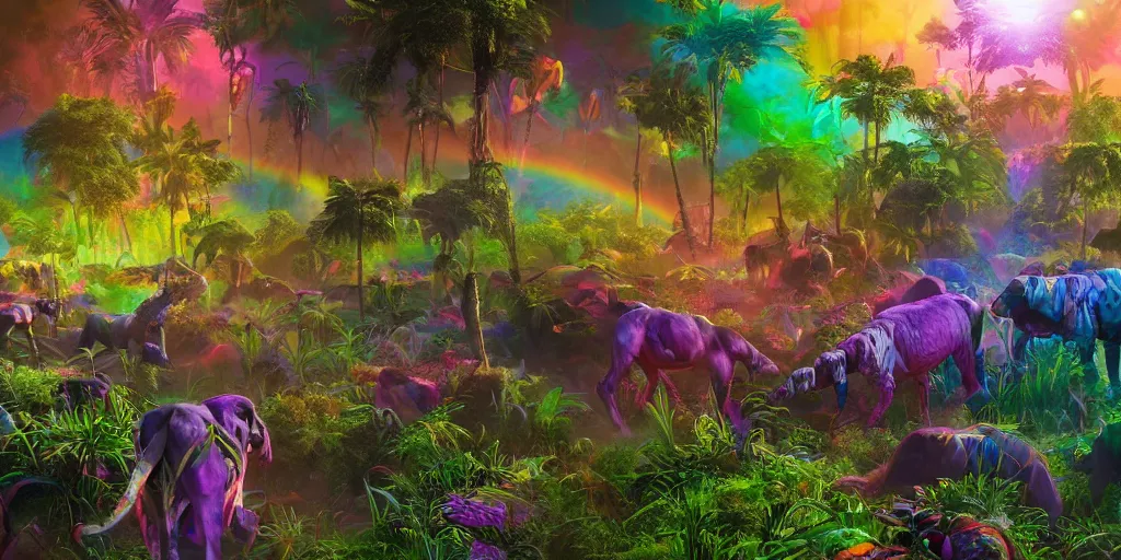 Prompt: a herd of huge multi-coloured animal-robot hybrids walking in lush and rainbow coloured extra terrestrial jungle with strange plants under a bright multi sun sky, hyper detailed, digital art, trending in artstation, cinematic lighting, studio quality, smooth render, unreal engine, masterpiece, 8k