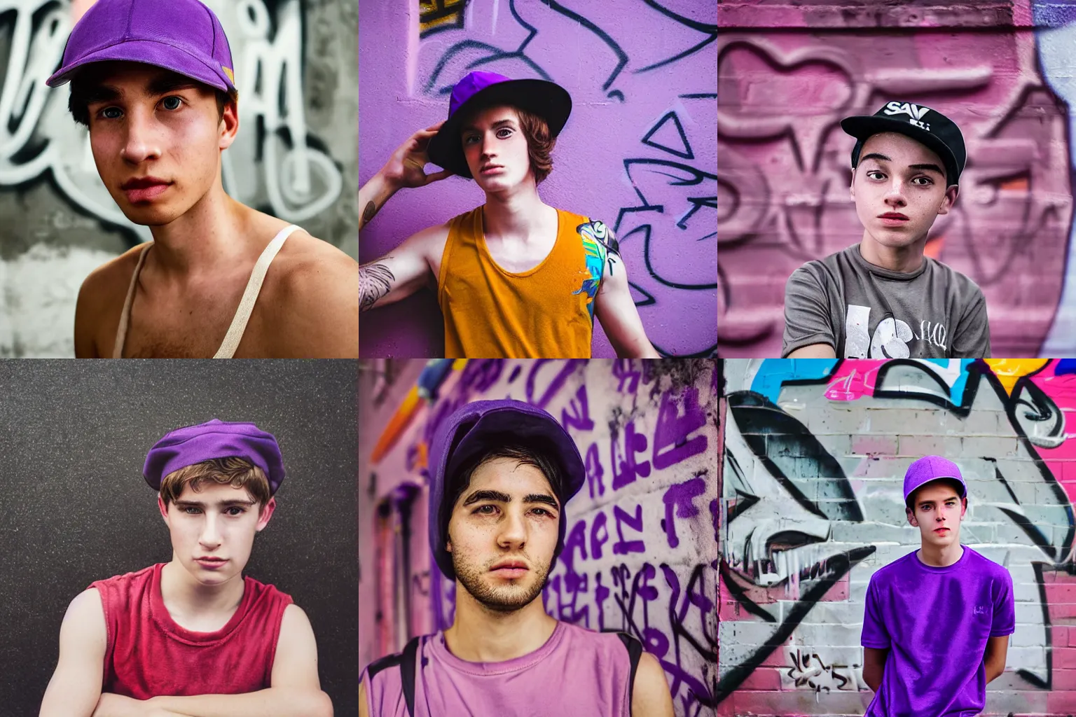 Prompt: portrait of a boy ( university student ) with light freckles wearing a violet velour basecap and tanktop, looking shyly into the camera for a cover of a gay print magazine, f 1. 4, award winning photograph, experimental lighting, soft focus, city + graffiti background, light drizzling rain
