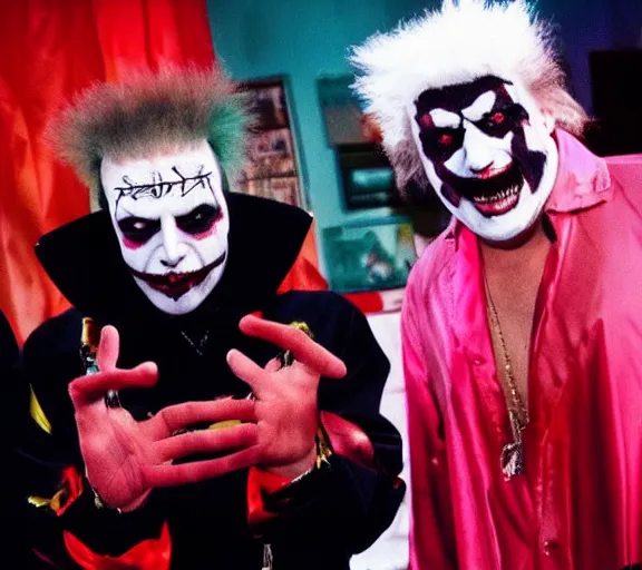 Prompt: color photo still of donald trump lead singer music group insane clown posse icp, live performance, face closeup detailed
