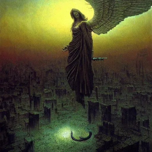 Image similar to lovecraftian angel floating above a ruined city, highly detailed beksinski painting