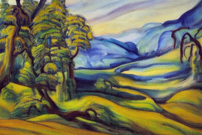 Image similar to masterpiece painting of oak trees on a hillside overlooking a creek, dramatic lighting, by emily carr