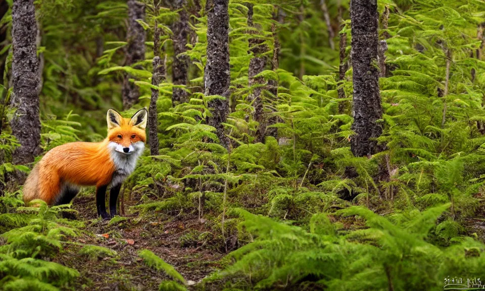 Image similar to a red fox in a northwestern boreal forest with lush ferns after a rain shower, golden hour, sunlight, huge, boulders, award winning nature photograph