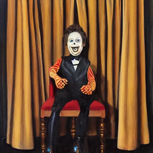 Prompt: oil painting of ventriloquist's dummy, sitting on chair with black leather seat, gold theater tragedy mask on floor, black curtains in background, by paula rego