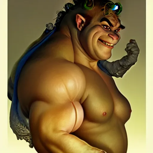 Image similar to Shrek from dreamswork, muscular upper body, D&D, fantasy, intricate, elegant, highly detailed, digital painting, artstation, concept art, smooth, sharp focus, illustration, art by artgerm and greg rutkowski and alphonse mucha