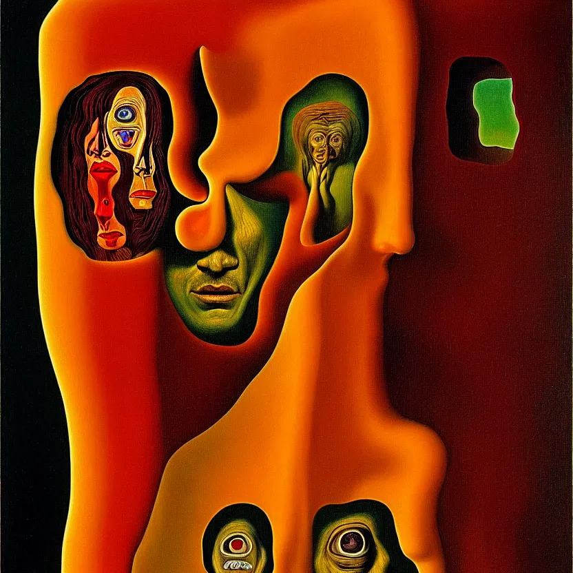 Image similar to a face coming out of a face coming out of a face, recursion, surreal, by salvador dali and max ernst, oil on canvas, weird, dreams, fantasy, soft lighting, warm colors
