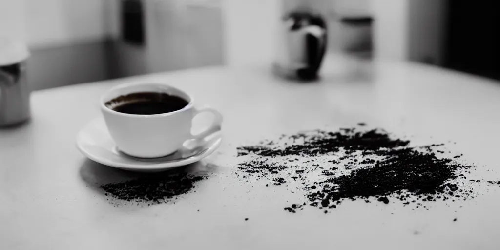 Prompt: Coffee spilled on the kitchen counter, black and white image