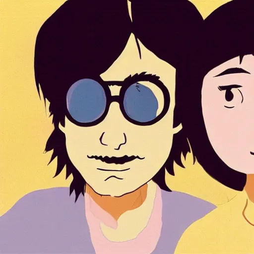 Prompt: john lennon and yoko ono in the style of hayao miyazaki