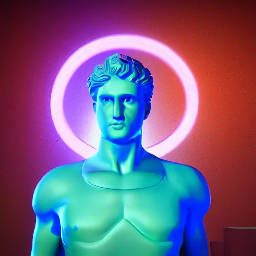 Image similar to The statue of david with a neon ring around the head, in a synthwave, 3d render, 3d art, octane render, highly detailed, artstation