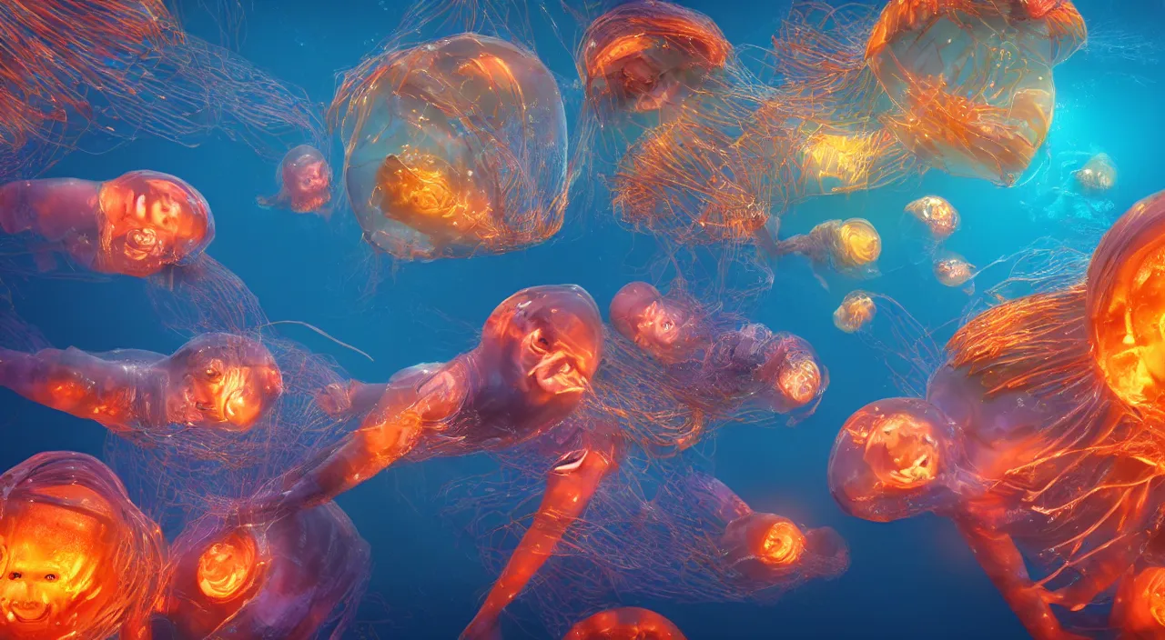 Prompt: three bio mechanical alien humanoid babies swimming underwater among glowing fish and jellyfish, 4 k post - processing highly detailed, 3 d render, modern photography