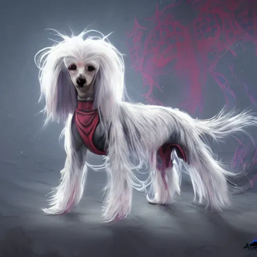 Image similar to Chinese crested powderpuff dog, full body, battle armour, Anthropomorphized, casting epic spell, magic the gathering artwork, D&D, fantasy, cinematic lighting, centered, symmetrical, highly detailed, digital painting, artstation, concept art, smooth, sharp focus, illustration, volumetric lighting, epic Composition, 8k, art by Akihiko Yoshida and Greg Rutkowski and Craig Mullins, heroic pose, oil painting, cgsociety, magic lab background