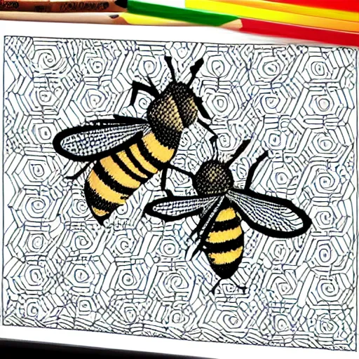 Prompt: Coloring page of two cute bees as grandmas knitting a honeycomb