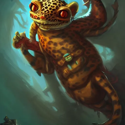 Image similar to Cute anthropomorphic Leopard Gecko in World of Warcraft, cover art, ultra wide lens shot, pretty, beautiful, DnD character art portrait, matte fantasy painting, DeviantArt Artstation, by Jason Felix by Steve Argyle by Tyler Jacobson by Peter Mohrbacher, cinematic lighting