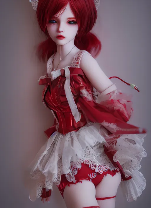 Image similar to bjd doll with a lot of money, fluent composition, red and white neon, concept art, ambient light, 4 k, intricate details, highly professionally detailed, cgsociety, highly detailed -