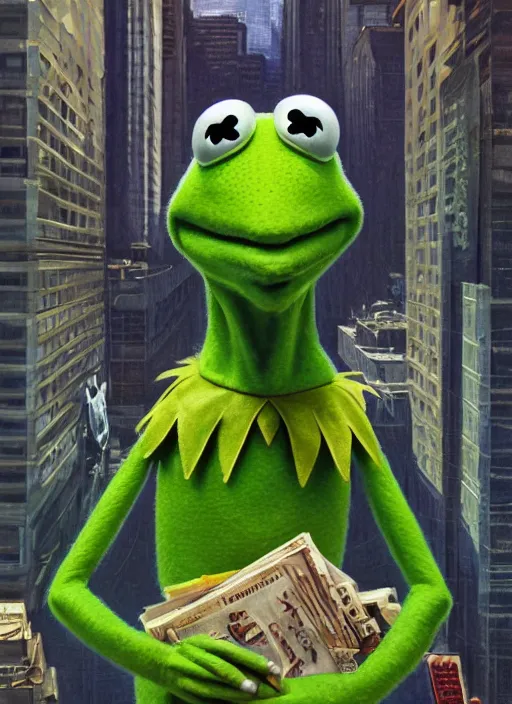 Image similar to portrait Kermit the frog in They Live (1988), highly detailed, centered, solid color background, digital painting, artstation, concept art, smooth, sharp focus, illustration, peter mohrbacher, donato giancola, Joseph Christian Leyendecker, Les Edwards, Ed Repka, Basil Gogos, WLOP, Artgerm