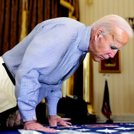 Image similar to Joe Biden on all fours, looking for his contact lenses. Realistic photo.