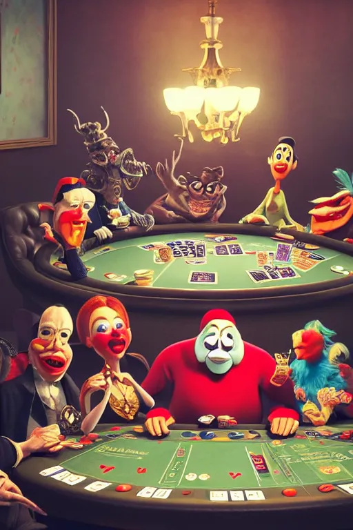 Image similar to pixar serious people playing poker, an angry clown is sitting at the table, screaming | glamorous oily soft polished rich ornate modern | weta disney pixar movie still photo | hi - fructose, sci fi fantasy, smooth, octane render, sharp focus, artstation, concept art | artgerm, mucha, rutkowski, feng zhu, wlop, loish