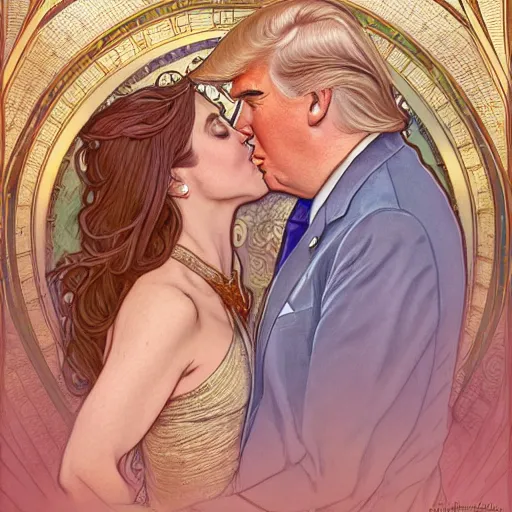 Image similar to donald trump kissing joe biden | highly detailed | very intricate | art nouveau | gold filigree | romantic storybook fantasy | soft cinematic lighting | award - winning | disney watercolor illustration by mandy jurgens and alphonse mucha and alena aenami | pastel color palette | featured on artstation