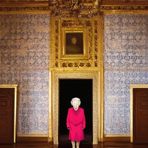 Prompt: single portrait of the queen in the main room of the castle, one point of light coming through the top. baroque style, lights refraction