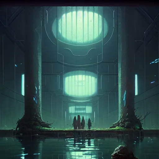 Prompt: professional ominous concept art architecture of a dark room with an indoor pond by artgerm and greg rutkowski. an intricate, elegant, highly detailed digital painting, concept art, smooth, sharp focus, illustration, in the style of simon stalenhag, wayne barlowe, and igor kieryluk.