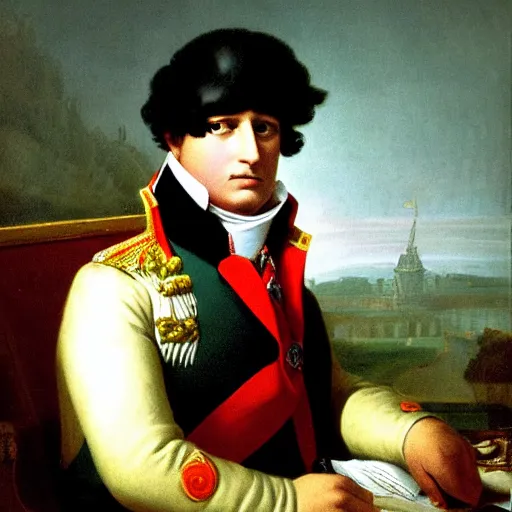 Prompt: photo, napoleon bonaparte sits on twine