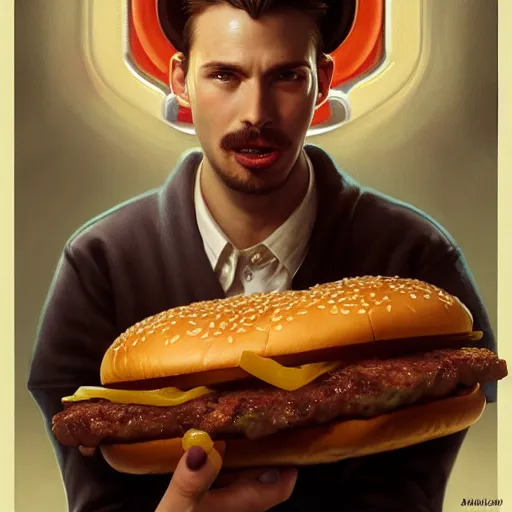 Prompt: portrait of mickey router eating hamburgers, extra onions and ketchup, luscious patty with sesame seeds, ethereal, handsome, d & d, fantasy, intricate, elegant, highly detailed, digital painting, artstation, concept art, matte, sharp focus, illustration, art by artgerm and greg rutkowski and alphonse mucha