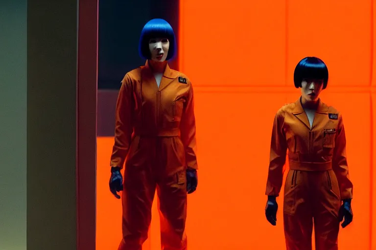 Prompt: major motoko wearing an orange prison jumpsuit hologram of a screaming child to her right, photography by fred palacio medium full shot still from bladerunner 2 0 4 9, sci fi, bladerunner, canon eos r 3, f / 3, iso 2 0 0, 1 / 1 6 0 s, 8 k, raw, unedited