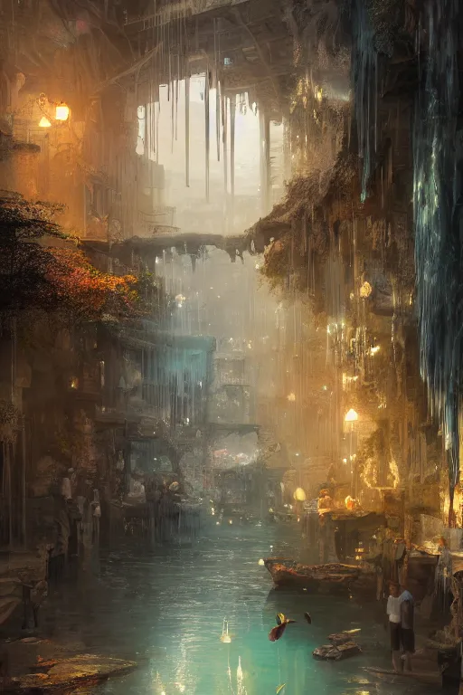 Prompt: inside the antique street of atlantis the city of water, waterfall, intricate, elegant, volumetric lighting, digital painting, highly detailed, artstation, sharp focus, illustration, concept art, ruan jia, steve mccurry