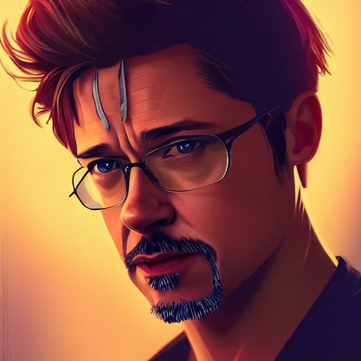 Prompt: Brad Pitt as Tony Stark, ambient lighting, 4k, alphonse mucha, lois van baarle, ilya kuvshinov, rossdraws, artstation