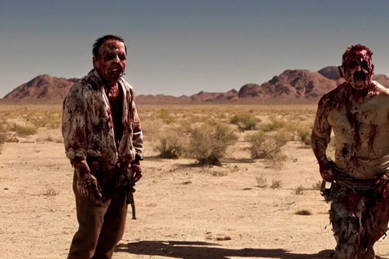 Image similar to zombie Tuco Salamanca in the desert, upper body shot, movie still, photorealistic, clean composition, real shot