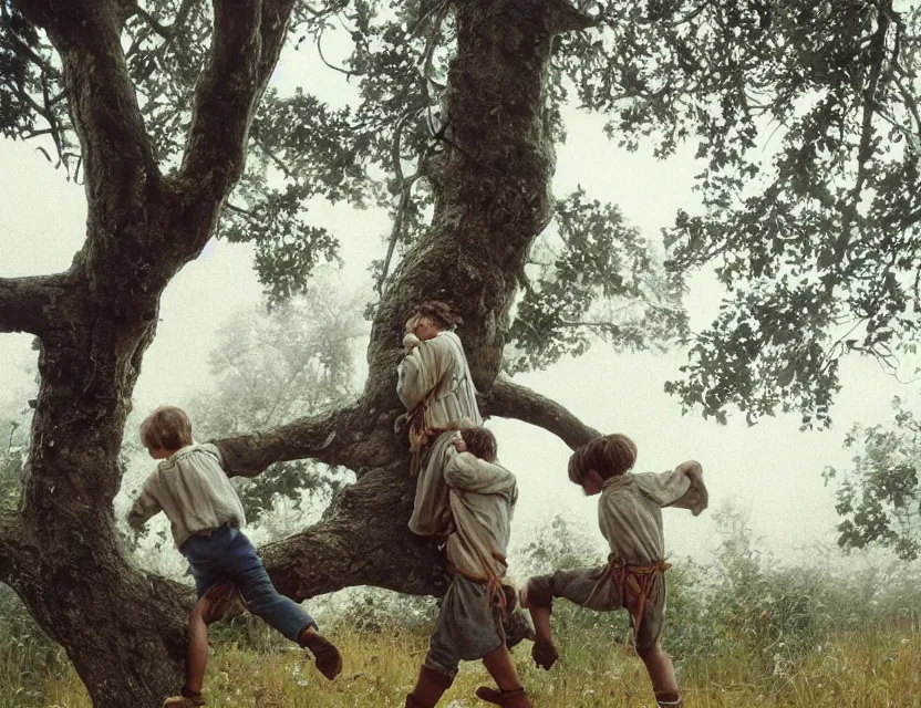 Image similar to two peasant boys climbing a tree, country style, Low angle view, Cottage core, Cinematic focus, Polaroid photo, vintage, neutral colors, soft lights, foggy, by Steve Hanks, by Serov Valentin, by lisa yuskavage, by Andrei Tarkovsky, by Terrence Malick, 8k render, detailed, oil on canvas High angle view, wide shot