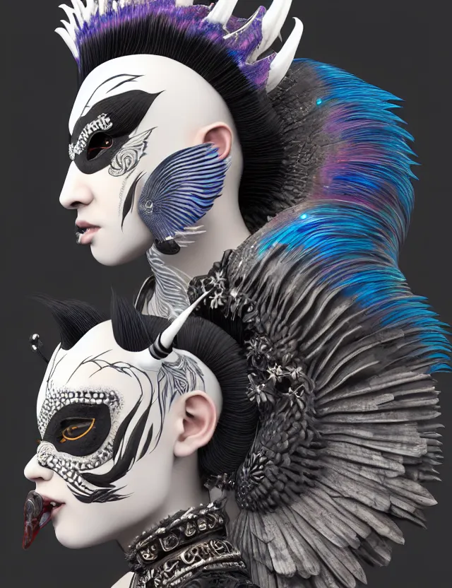 Image similar to 3 d goddess close - up profile portrait punk with mohawk with ram skull. beautiful intricately detailed japanese crow kitsune mask and clasical japanese kimono. betta fish, jellyfish phoenix, bio luminescent, plasma, ice, water, wind, creature, artwork by tooth wu and wlop and beeple and greg rutkowski