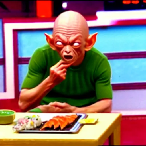 Image similar to gollum from lord of the rings eating sushi on a japanese game show