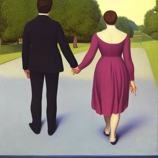 Image similar to an evening stroll with a man and his lady by Raphael, Hopper, and Rene Magritte. detailed, romantic, enchanting, trending on artstation.