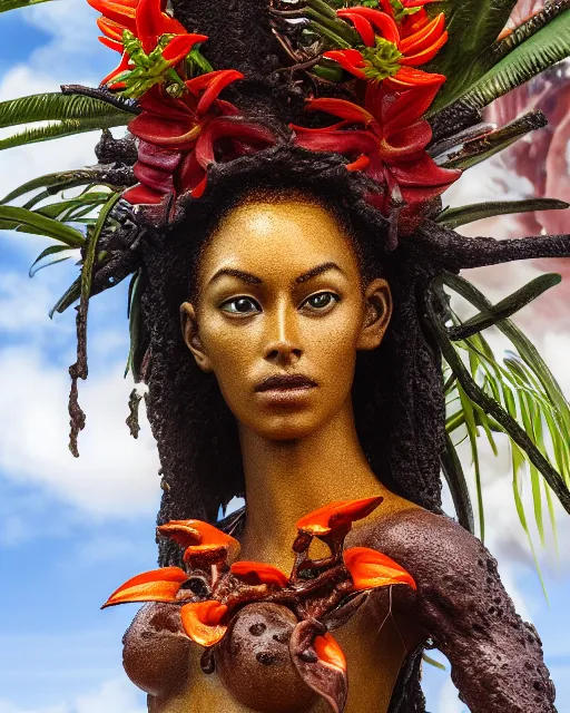 Image similar to 5 5 mm portrait photo of pele a hawaiian fire goddess holding molten lava standing in cauldera of volcanoe, wreath of anthuriums around her head and waist. by luis royo. highly detailed 8 k. intricate. lifelike. soft light. nikon d 8 5 0. cinematic post - processing