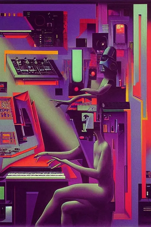 Image similar to 8 0 s art deco synthesizers, speakers, computers, studio, man, piano, cinematic dramatic cyberpunk textural fluid lines purple, pink, blue, green. otherworldly vaporwave interesting details fantasy lut epic composition by basquiat zdzisław beksinski james jean artgerm rutkowski moebius francis bacon gustav klimt