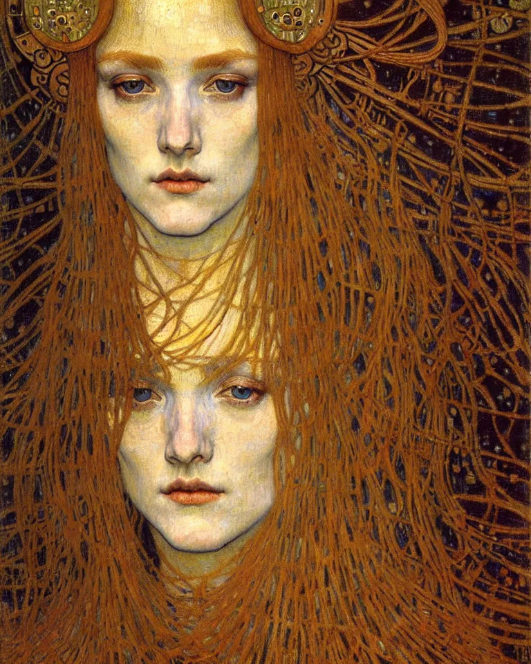 Image similar to detailed realistic beautiful young medieval queen face portrait by jean delville, gustav klimt and vincent van gogh, art nouveau, symbolist, visionary, gothic, pre - raphaelite, muted earthy colors, desaturated