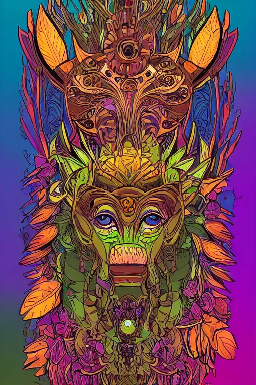 Image similar to animal mask totem roots flower tribal feather gemstone plant wood rock shaman vodoo video game vector illustration vivid multicolor borderlands comics by josan gonzales and dan mumford radiating a glowing aura