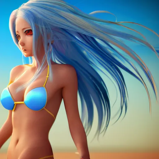 Image similar to Render of a very beautiful 3d anime girl, long sky blue hair, golden eyes, full round face, short smile, very beautiful see through azure bikini, golden hour, serene beach setting, cinematic lightning, medium shot, mid-shot, highly detailed, trending on Artstation, Unreal Engine 4k wallpaper