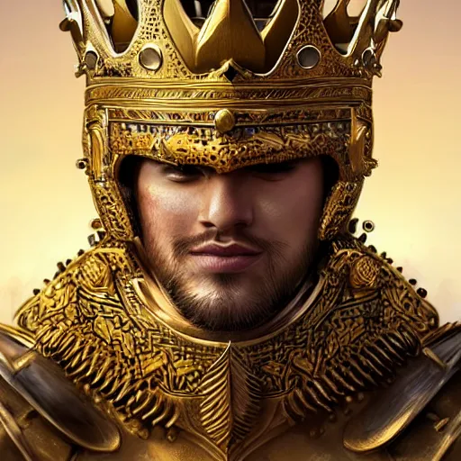 Image similar to Hyper-realistic portrait of the King of the Desert, Warrior at war, battle field, Gold Armour and Crown, Sword, handsome attractive face, attractive young man, beautiful face, photo realistic, dramatic lighting, majestic, trending on artstation, elegant, intricate, highly detailed, digital painting, concept art, sharp focus, illustration, art by artgerm and greg rutkowski and alphonse mucha